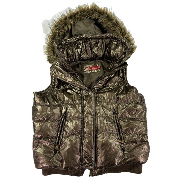 Apple Bottom Jeans Vintage Puffer Vest Faux Fur Hood 1X Gold Studded - Picture 1 of 10
